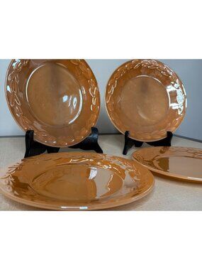 FIRE KING Laurel Leaf Peach Iridescent Lusterware Plates 9" Lot Of 4 Vintage MCM